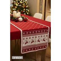 Kırmızı Noel Desenli Masa Runner Geyik Ve Kar Tanesi Yılbaşı Masa Örtüsü 50x160 Kırmızı