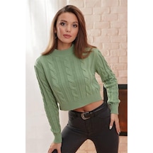 Yarım Balıkçı Yaka Saç Örgülü Kısa Crop Mint Kazak Mint
