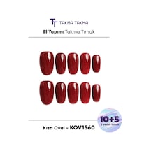 15'li Kırmızı Kısa Oval Kov1560 Tekrar Kullanılabilir El Yapımı Protez Takma Tırnak L