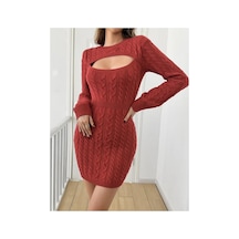 Butik İstanbul Kadın Uzun Kollu Yarı Balıkçı Yaka Pencere Göğüs Detay Mini Triko Elbise Kırmızı