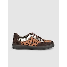 Leopar Desenli Süet Deri Kadın Sneaker Ayakkabı Kahverengi