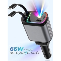 Tr 66w 5in1 Araç İçi Çakmaklık Hızlı Şarj Aleti, Tavan Aydınlatmalı, Çift Makaralı Kablo Type-c & Lightning