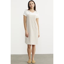 Düğme Detaylı Çizgili Penye Elbise - Vizon 001