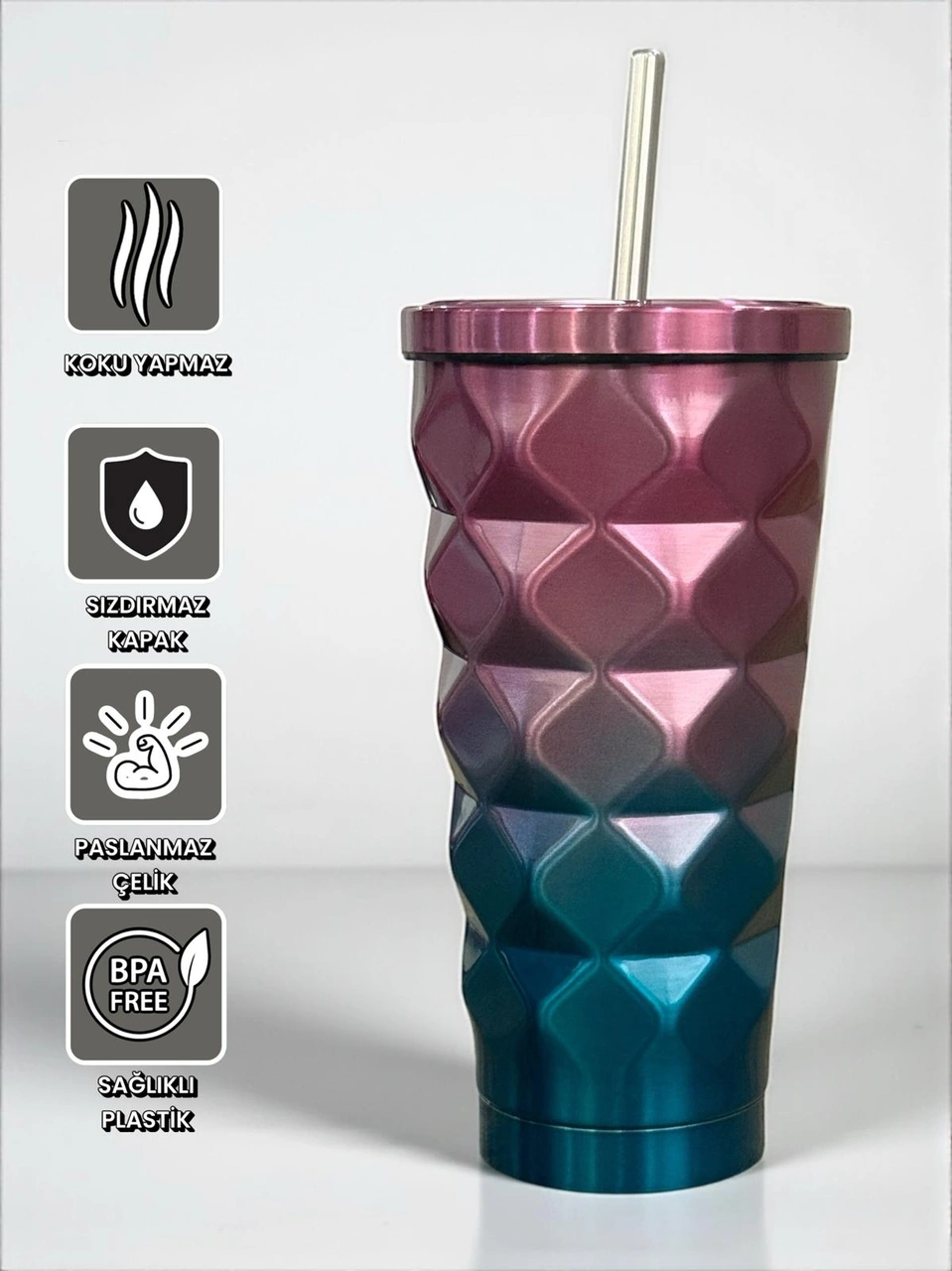 Blueberry Renkli Geometrik Pipetli Termos 500 Ml-soğuk Ve Sıcak İçecekler İçin Lacivert - Kırmızı