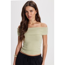 Tudors Kadın Slim Fit Dar Kesim Pamuklu Kayık Yaka Kısa Kollu Likralı Yeşil Bluz-50359 YEŞİL
