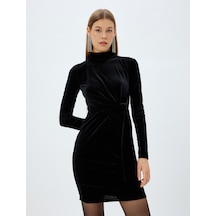 Koton Mini Kalem Kadife Elbise Düğüm Detaylı Dik Yaka Uzun Kollu Slim Fit Siyah 5wak80027ek Siyah