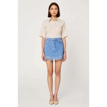 Benerly Kadın Mini Denim Etek Brode İşlemeli Detaylı Scallop Kesim %100 P Mavi