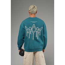Nakış Detaylı Logolu Bisiklet Yaka Oversize Kalıp Sweatshirt Yeşil