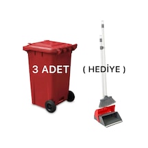3 Adet Plastik Çöp Konteyneri 240 Lt Isıya Karşı Dayanıklı Kapaklı Faraş Hediyeli Kırmızı