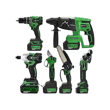 Prohummer Ph348 Yeşil Profesyonel Akülü Süper 6lı Set Makina - 125mm Avuç Taşlama, Sds Plus Kırıcı Delic, Somun Sıkma Sökme, Vidalama Matkap, Budama Testere, Budama Makası