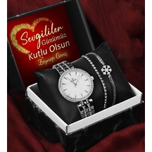 Sevgililer Gününe Özel Kişiye Özel Kutulu Metal Kordon Saat & Kar Tanesi Bileklik & Zirkon Taşlı Bileklik Seti Çok Renkli
