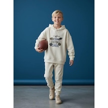 Zekids Erkek Çocuk Sırt Baskılı Football League Yazılı Kapüşonlu Sweatshirt-16639 Ekru