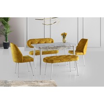 Ay Masa Ve Sandalye Bench Takımı, Açık Hardal Beyaz, 120x70 Beyaz