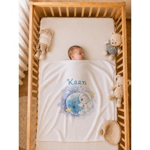 %100 Pamuk İsimli Erkek Bebek Battaniyesi 80x80 Cm Çift Kat Penye Organik Baskılı İsme Özel Bebek Battaniyesi Bebek Hediyesi 2093bg Ekru