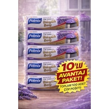 Polmix Lavanta Kokulu Büzgülü Çöp Torbası Büyük Boy 65x70 Cm 10'lu 10 Paket Dayanıklı Sızdırmaz Çöp Poşeti