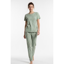 Kompedan Kadın Bisiklet Yaka Yumuşak Dokulu Çiçek Desenli Kısa Kol Pijama Takım Mint 70132-142