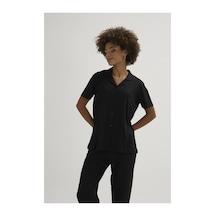 Angbutik Kocabey Kkt-26150k Kadın Apaj Yaka Boydan Düğmeli Pijama Takımı Siyah