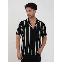 Dufy Siyah Erkek Regular Fit Çizgili Düğmeli Yaka Kısa Kol Gömlek - 94940-siyah Siyah