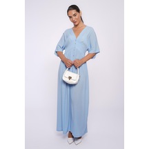 Madmext Bebe Mavisi V Yaka Düğmeli Elbise Mg2339 Bebe Mavisi