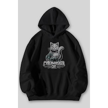 Harmandar Cyber Cat Baskılı Unisex Siyah Gri Kanguru Cepli Kapüşonlu Sweatshirt Hoodie SiYAH