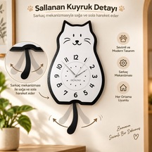 Doalino Sallanan Kuyruklu Kedi Figürlü Premium Ahşap Duvar Saati