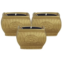 Şamdan Dekoratif Mumluk Eskitme Şamdan Set 3 Lü Üçlü Tealight Uyumlu Çizgili Çiçek Model - Altın