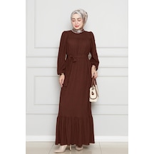 Sevitli Robalı Sahra Tesettür Elbise-kahverengi-4589 Kahverengi