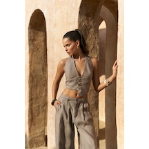 Mai Collection Mai Studios Co. Lvdovila Füme Keten Crop Yelek Pantolon Takım Füme