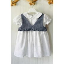 Bebe Yaka Lazer Çiçek Desenli Beyaz Kız Çocuk Bebek Elbise Ve Mavi Gri Kot Yelek Takım 001