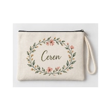 Kişiye Özel Çiçek Çelengi Baskılı Fermuarlı Makyaj Çantası Bozuk Para Cüzdanı Clutch Model 01302