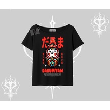 Tarzsokak Kayık Yaka Tshirt Daruma Kedi Anime Baskılı Siyah