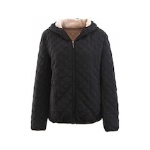 Kadın Kapşonlu Pamuk Ceket Sıcak Uzun Kollu Düz Renk Kapitone Fermuar Cep Rahat Gevşek Fit Kadın Ceket Siyah