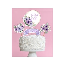 İyiki Doğdun Anne The Best Mom Mor Çiçekli Pasta Cupcake Kürdanı Doğum Günü Süsü 4 Parça Diğer