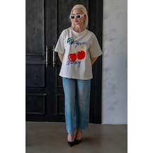 Madmext Ekru %100 Pamuklu Baskılı Kadın Tişört Mg2380 Ekru