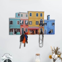 Caju Art & Decoration Renkli Ev Desenli Ahşap Anahtarlık Hol Antre Anahtar Askı Çok Renkli