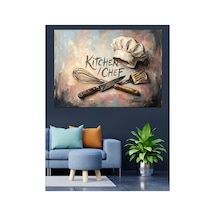Kitchen Chef Şapkası Ve Bıçaklar Yağlı Boya Dokulu Kanvas Tablo Canvas Tablosu