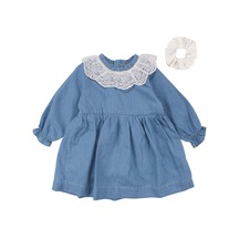 Bebegen Kız Bebek Ekru Dantel Yakalı Tokalı Kot Elbise Çok Renkli