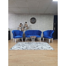 Zafir Beyaz Boyalı Tel Ayak Papatya Çay Seti Koltuk Takımı , Balkon, Salon, Ofis, Cafe Koltuk Takımı Mavi