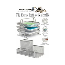 Gümüş Gri Metal Evrak Rafı 3 Lü Ve Masaüstü Kalemlik 1 Paket Masaüstü A4 Dosya 3 Katlı Düzenleyici Kağıt Tepsisi Metal Gümüş Gri