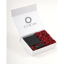 Premium Gift Rose Box - Frankfurt Siyah Hakiki Deri Cüzdan - Anahtarlık Ve Kırmızı Gül Kutusu Kırmızı