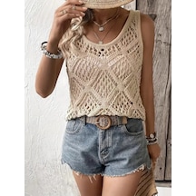 Kadın Askılı Yuvarlak Yaka Geometrik Desenli Triko Bluz Bej