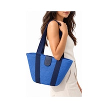 Levano Leather Kadın Hasır Tote Omuz Çantası Deri Detaylı Geniş İç Hacimli Günlük Yazlık Çanta 38x28 Cm Mavi
