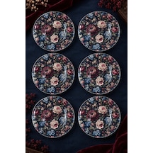 6 Lı Cam Çay Tabağı Lacivert Vintage Gül Desenli 12 Cm, 6 Adet Çay Tabak