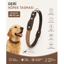 Örgü Deri Köpek Boyun Tasması 40-51 Cm Ayarlanabilir Metal Tokalı Perçinli - Kahverengi Çok Renkli