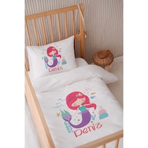 %100 Pamuk Saten Isme Özel Isimli 100x150 Bebek Yatak Nevresim Seti Pembe Saçlı Denizkızı
