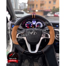 Hyundai Accent Blue Dikme Direksiyon Kılıfı Delikli Deri Parlak Siyah Taba Detay Çift Yüzük Ve Dikiş 2011-2019