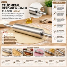 Çelik Metal Merdane - Hamur Rulosu 40cm Bx40 Ahşap - Şeffaf