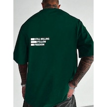 Unisex Nefti Yeşili Oversiz Still Follow Freedom Baskılı Örme T-shirt Yeşil