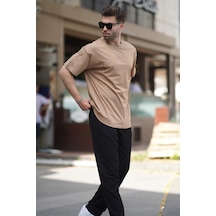 Madmext Vizon Bisiklet Yaka Baskılı Kısa Kollu Overfit Tişört 7036-vizon Vizon