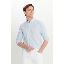 AC&Co / Altınyıldız Classics Erkek Mavı %100 Pamuk Slim Fit Dar Kesim Düğmeli Yaka Gofre Desenli Gömlek Mavi